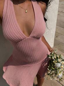 SHEIN Unity Vestido casual de escote en V profundo, sin espalda y con cuello halter, adecuado para el verano - Rosa vieja - Ver 3