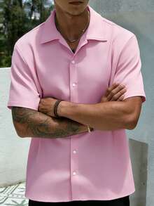 Manfinity Dauomo Men Summer Short Sleeve Solid Color Daily Commute Casual Shirt - Pink - View 3