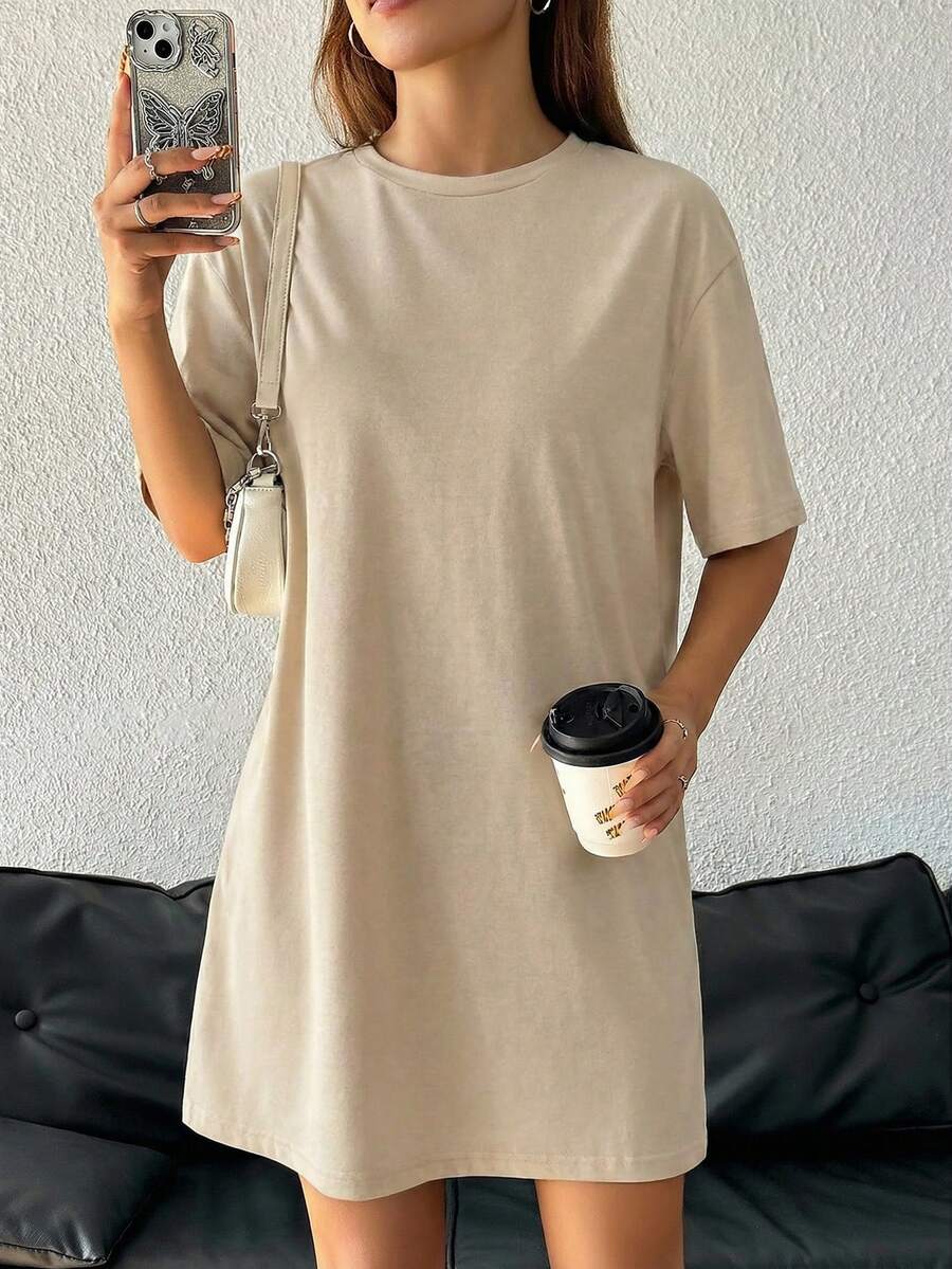 SHEIN EZwear Đầm ngắn tay cổ tròn dáng rộng thoải mái màu kaki cho nữ, thích hợp cho mùa hè. - Màu Khaki - Xem 1