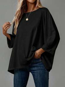 EMERY ROSE Plus Size Women's Solid Color Round Neck Loose Casual T-Shirt - Multicolor - View 3