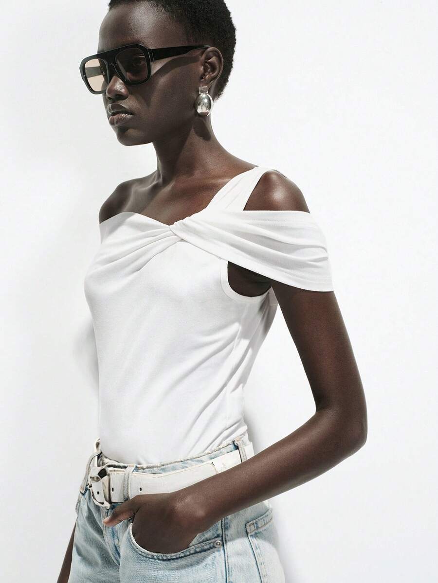 Lumivelle Áo kiểu nữ trễ vai nhún bèo, thích hợp mặc hàng ngày và đi làm, mùa hè. - trắng - Xem 1