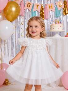 Glamorique Kids 花童礼服，薄白色网纱短袖A字型正式礼服，生日派对场合礼服 - 白色 - 查看 6