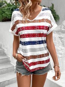 EMERY ROSE Color Block Striped Batwing Sleeve T-Shirt For Summer Graphic Tees Women Tops Golf White Basic - Multicolor - View 6
