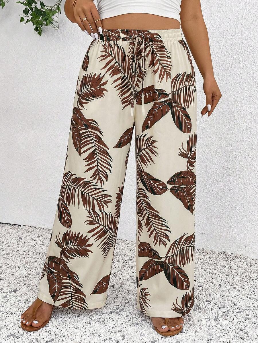 SHEIN Frenchy Plus Size Women's Tropical Plant Print Drawstring Loose Wide Leg Pants - Brown - View 1