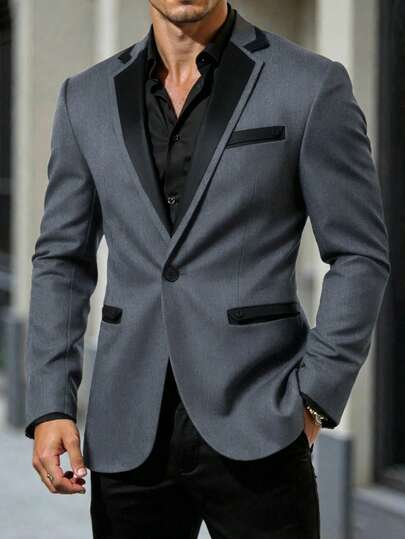 Manfinity Mode Men's Elegant Single-Breasted Suit Jacket, Burgundy Patchwork With Black Design, Forming A Striking Contrast, Adding Visual Impact And Layered Styling, Suitable For Daily Commute, Business, Party And Banquet Wear. This Suit Jacket Is An Indispensable Versatile Item In A Man's Wardrobe, Making It An Excellent Gift For Boyfriends Or Husbands