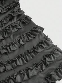 ROMWE Grunge Punk Summer Outfits Plus Size Women Y2K Harajuku Chic Black Solid Color Multi-Layer Ruffle Trim Cake Mini Romper - Dark Grey - View 3