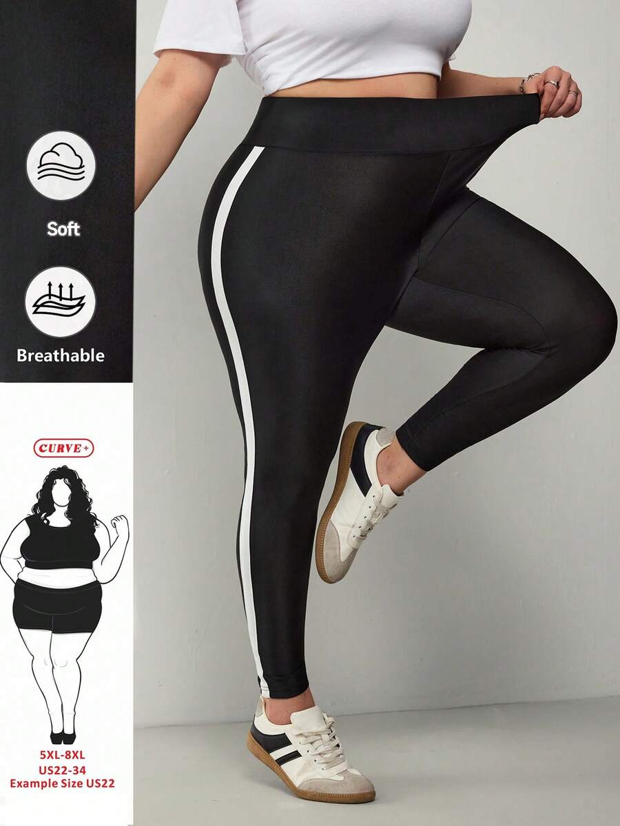 SHEIN CURVE+ 大码女式撞色休闲打底裤，黑白条纹打底裤，大码运动打底裤，大码打底裤，大码瑜伽裤，大码运动服，大码打底裤，大码女式运动套装 - 黑與白 - 查看 1