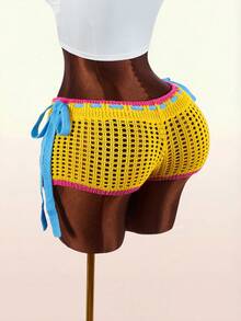 Amplova Women's Contrast Color Hollow Out Tie-Up Knit Shorts, Suitable For Beach Vacation - Yellow - View 7
