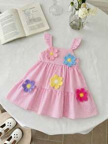 SHEIN Baby Girl Summer Casual Striped Dress With 3D Floral Decor - Pink - View 9