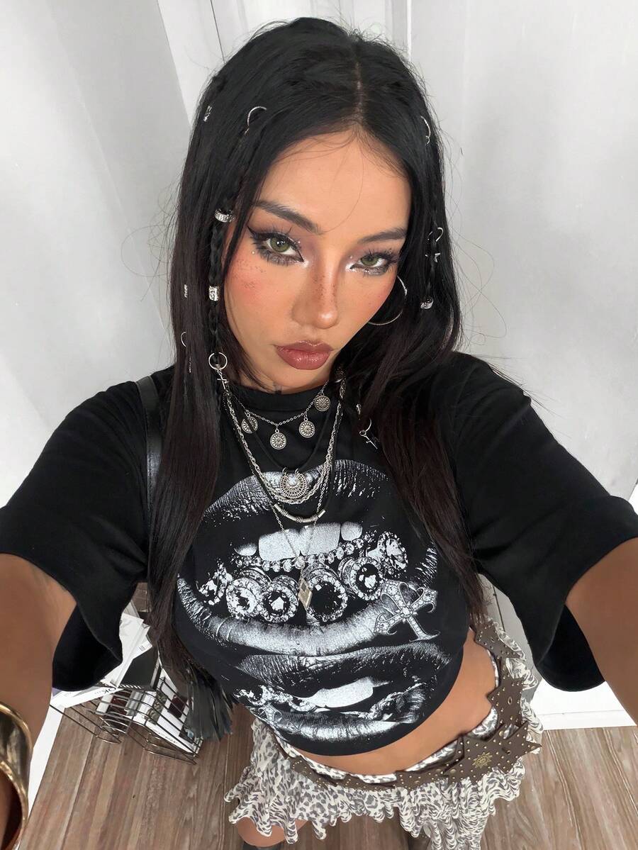 Coolane 女士夏季街头复古Y2K嬉皮士老钱图案宽松T恤 - 黑色 - 查看 1