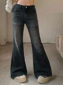 DAZY 女士低腰口袋休闲喇叭牛仔裤 - 黑色 - 查看 1