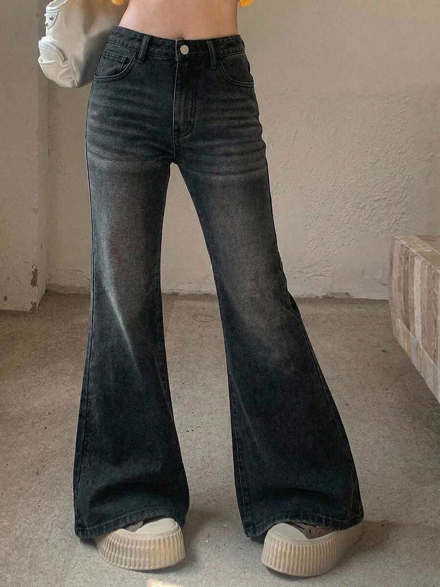 DAZY 女士低腰口袋休闲喇叭牛仔裤 - 黑色 - 查看 1