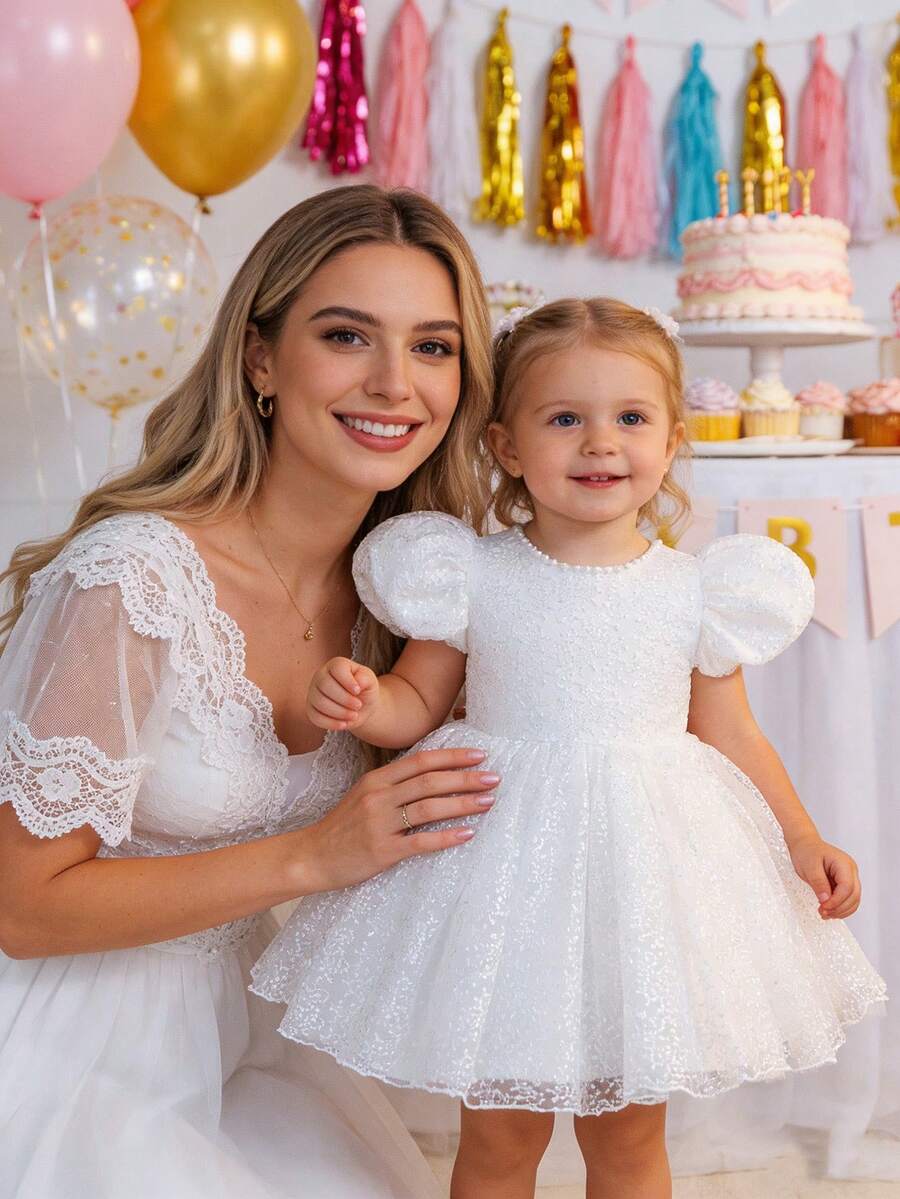 Glamorique Kids 优雅全印花蕾丝花瓣袖腰部褶皱薄纱裙公主裙，适合女婴、生日派对、花童 - 白色 - 查看 1