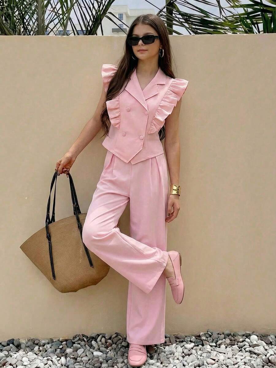 1 Set Elegant Sweet Ruffled Collar Flare Sleeve Double-Breasted Vest + Wide Leg Pants Suit, Commuting Elegant Two Pieces Outfit, Suitable For Birthday Party, Gathering, Daily Wear, Spring/Summer - Pink - View 1