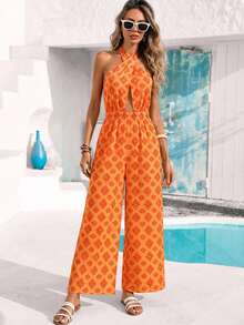 Vivid Eden Women's All-Over Print Halter Tie-Up Backless Casual Jumpsuit Beach Party Outfit For Women Women S Summer Outfits Summer Outfit For Women Jumpsuit - Orange - View 7