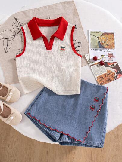 SHEIN Playful Pals Bộ đồ 2 món cho bé gái tuổi teen: áo polo không tay bằng vải dệt kim có họa tiết trái tim anh đào và quần váy denim, thích hợp cho mùa hè.
