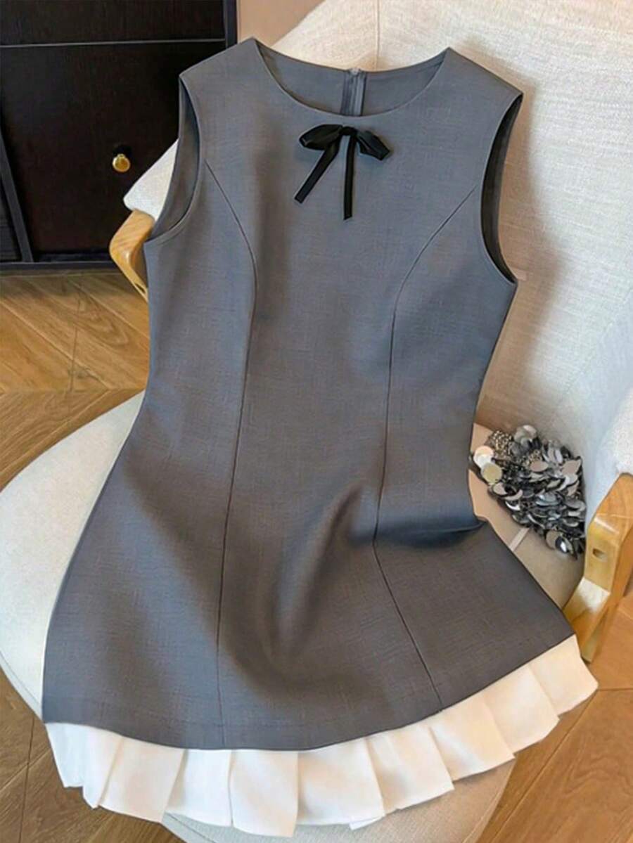SHEIN Đầm xếp ly chắp vá kiểu cổ điển thanh lịch dành cho thiếu nữ dự tiệc - Màu xám đen - Xem 1