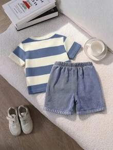 SHEIN 2pcs Baby Boy Casual Cute Black & White Striped Short Sleeve T-Shirt And Denim Shorts Set, Suitable For Spring/Summer - Dusty Blue - View 2