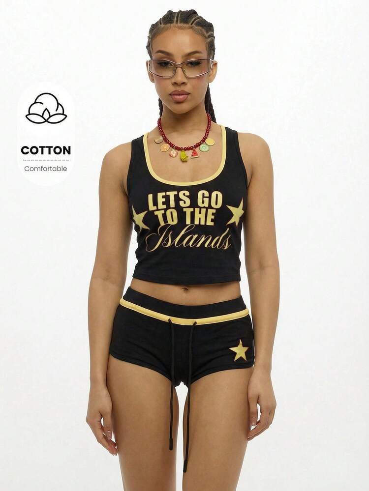 SUMWON WOMEN Set coordinato di canotta grafica e pantaloncini a vita alta, due pezzi, adatto per festival, estate, casual, relax, spiaggia, vacanza, tema isola