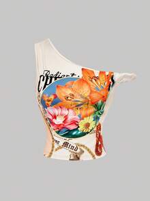 SHEIN Tall CURVE 大码女装夏季时尚度假休闲花卉字母印花不对称领修身衬衫 - 彩色 - 查看 2