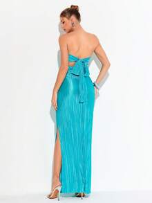 Rafferiza 女士优雅蓝色褶皱露肩扭结前襟连衣裙，夏季长款女装 - 藍色 - 查看 2