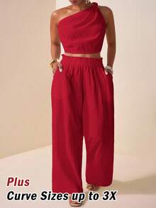 Veslaya 西式、游牧风、生日派对、毕业季、学生装、日常休闲、度假、邮轮旅行、商务休闲扭结露脐女式上衣搭配宽松纹理口袋阔腿裤，大码女装套装，情人节穿搭 - 紅色 - 查看 9