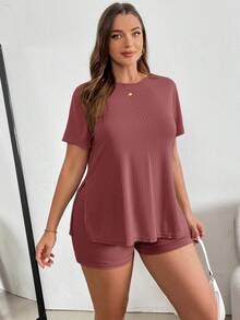 SHEIN Essnce 大码夏季休闲纯色侧开衩T恤和短裤两件套 - 紅木色 - 查看 5