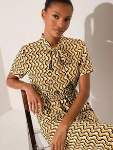 Lilora 女士优雅几何印花系腰短袖连衣裙，适合正式场合 - 黃色 - 查看 1