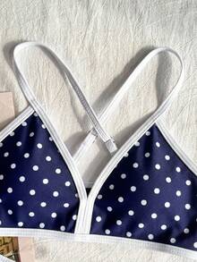 SHEIN 少女休闲沙滩度假复古撞色交叉绑带比基尼套装，海军蓝 - 藍色 - 查看 5