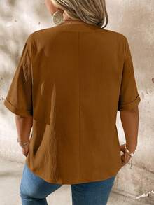 EMERY ROSE Plus Size Casual Notched Collar Wood Button Decor Short Sleeve Shirt Gym Brown Summer - Coffee Brown - View 2