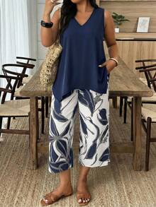 SHEIN LUNE Casual Vacation Style Sleeveless Plus Size 2 Pieces Set With Floral Patchwork - Multicolor - View 3
