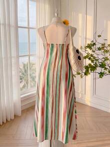 SHEIN EZwear Đầm mùa hè có mũ trùm đầu kẻ sọc nhiều màu sắc, kiểu dáng thường ngày, cỡ lớn, phong cách nghỉ mát. - Nhiều màu - Xem 2