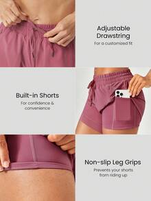 GLOWMODE VitalSwift Flowy Lightweight Mesh Drawstring Zipper Pocket Anti-Slip Shorts With Built-In Shorts Medium Impact Running Workout Gym Summer Quick Dry Moisture Wicking Anti-Odor - Rusty Rose - View 3