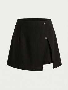 SHEIN VCAY Quần short ống rộng màu trơn, dáng suông, vạt bất đối xứng, kiểu dáng thanh lịch đường phố, quần short thời trang, trang phục sân bay, quần ống rộng xẻ tà cài cúc phía trước kẻ caro dành cho nữ, váy quần short đen. - màu đen - Xem 5