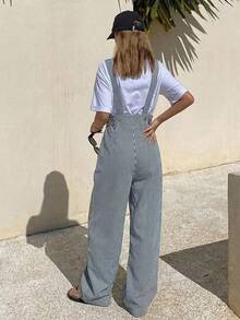 DAZY Quần yếm denim nữ kẻ sọc dáng rộng, có thể điều chỉnh, kiểu dáng thường ngày thành thị. - Màu xanh lam - Xem 4