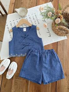 LMoss Kids LMoss 2pcs Young Girl Woven Solid Color Casual Vest And Shorts Set - Blue - View 4