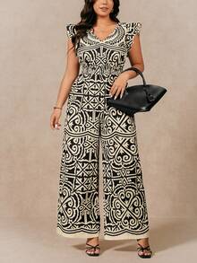 SHEIN LUNE Apricot V-Neck Cap Sleeve Vintage Geometric Pattern Plus Size Jumpsuit - Apricot - View 4