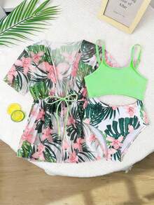 SHEIN 少女夏季度假拼接花卉印花镂空连体泳衣和罩衫 - 綠色 - 查看 4