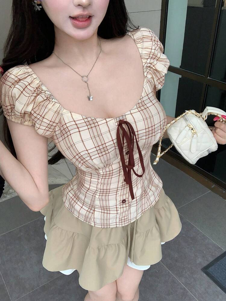 Plaid Patchwork Square Collar Short Sleeve Contrast Bow Casual Vacation Summer Blouse For Women