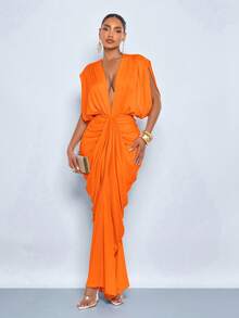 女士优雅柔粉色深V领褶皱修身连衣裙，优雅派对晚宴长裙，宴会完美之选 - 橘色 - 查看 10