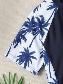Teen Girl Coconut Tree Print Zipper Short Sleeve Romper Shorts,Summer Beach Vacation Holiday Outfit,Casual New Style Chill Vibe Outfits For Spring - Multicolor - View 4