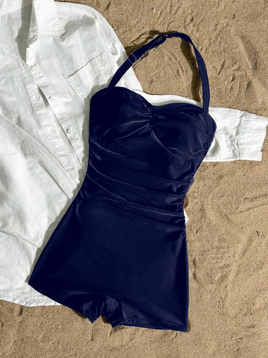 Tween Girl Casual Beach Vacation Black One-Piece Halter Ruched Swimsuit, Minimalist Fitted Swimwear - Navy Blue - View 1