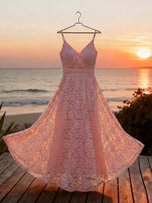 Reflora 大码优雅纯色蕾丝吊带连衣裙，夏季 - 粉色 - 查看 3