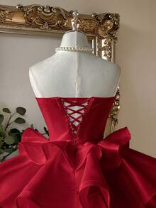 Lovelzi Vestido elegante, romántico y de moda con hombros descubiertos y volantes en el bajo, adecuado para fiestas de solteros, bodas, graduaciones, vacaciones, tardes de té y despedidas de soltera - Rojo - Ver 7