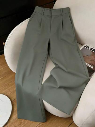 Pantalones Formales de Mujer en Verde Grisáceo Diseño Minimalista, Perfecto para Primavera y Verano