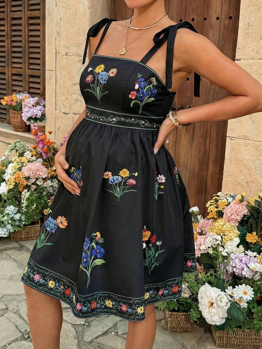 SHEIN 孕妇夏季海滩度假印花系带露肩收腰连衣裙 - 黑色 - 查看 1