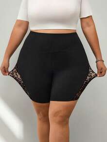 SHEIN CURVE+ Plus Size Women Elastic Waist Lace Patchwork Shorts , Fall Winter - Black - View 4