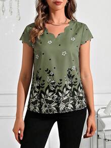 SHEIN Clasi Ruffle Collar Printed Short Sleeve Shirt,Summer Top - Green - View 3