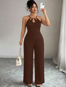 SHEIN Elenzya Bộ áo liền quần nữ cỡ lớn màu trơn, kiểu dáng thường ngày, có dây đeo eo. - màu nâu - Xem 4