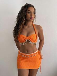 Amplova Rope, Starfish & Shell Pendant Decor Crop Top & Mini Skirt 2 Pieces Set,Vacation Outfits Women - Orange - View 13